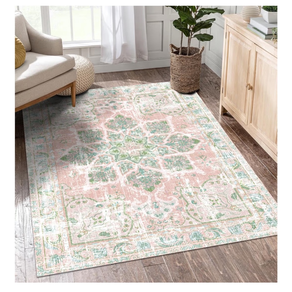 Amazon Pastel Pink and Green Vintage-Style Area Rug